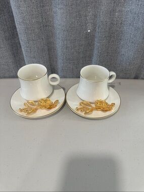 2 cream Porcelain Espresso Cup & Saucer Set with Gold Accent. NWOT.